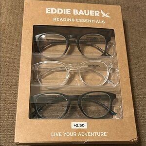 Eddie Bauer Black and Clear Reading Glasses Trio multicolored frames grade +2.50